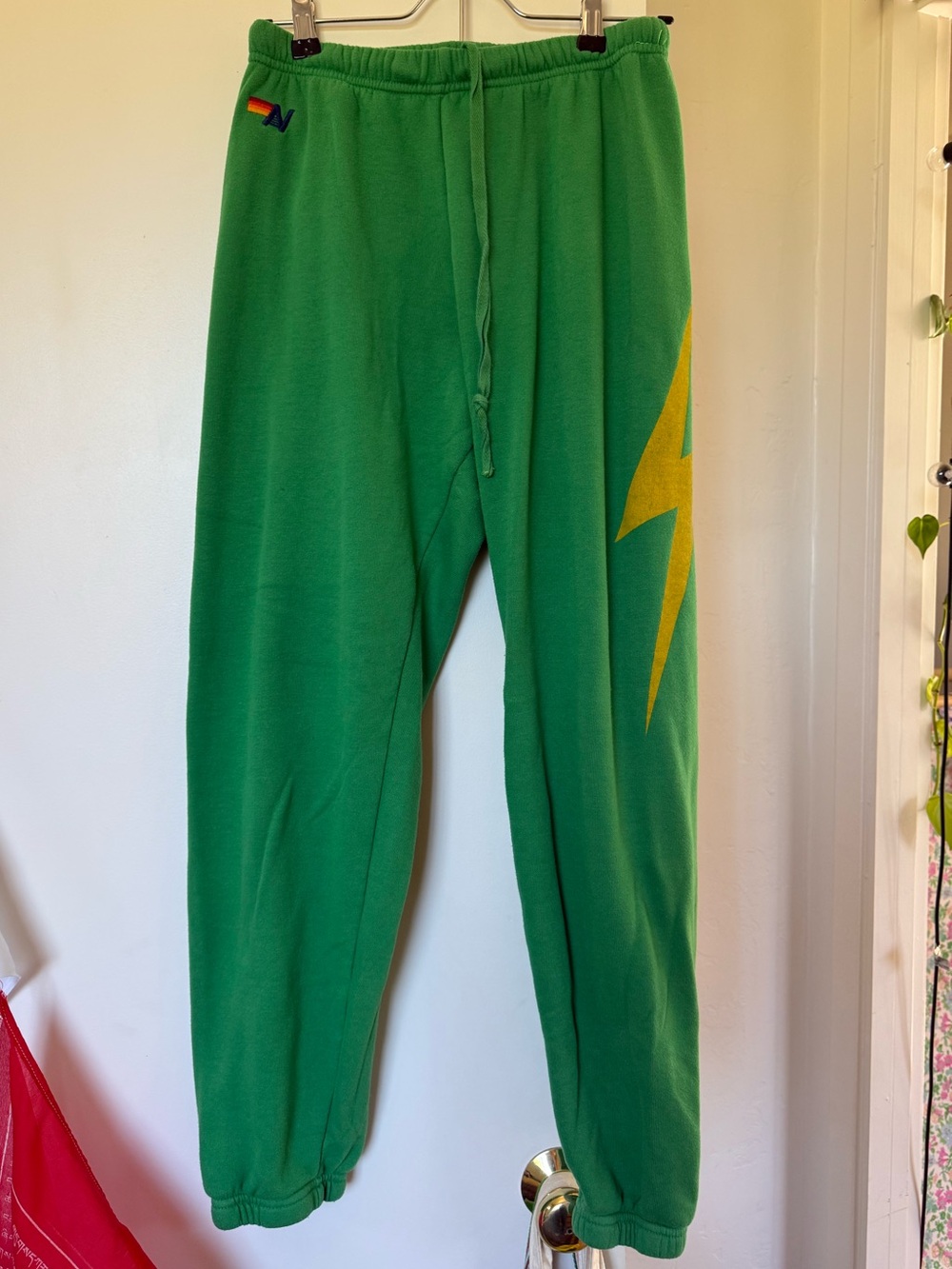 Aviator Nation Kelly Green Sweatpants with Yellow Lightening Bolt